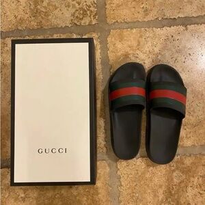 Gucci Men's Black Slides with Red and Green Stripes | us men size 9.5